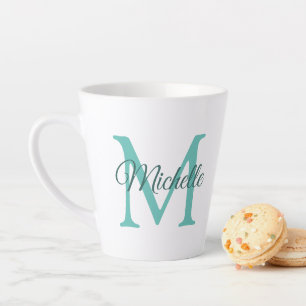 Tasse Latte Monogramme Turquoise Lumière Personnalisable Initi