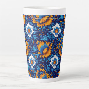 Tasse Latte Motif Floral Orné en Carreaux Bleu et Orange