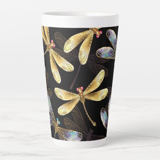 Tasse Latte Motif sans couture avec libellules d'or (Devant)