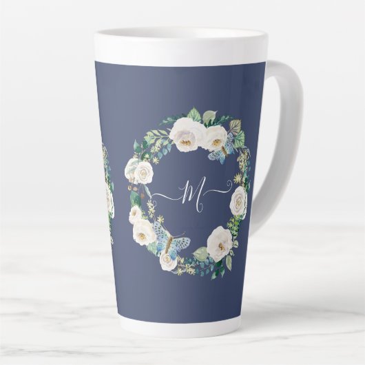 Tasse Latte Nacre d'aquarelle de papillon floral blanc Monogra (Angle droit)