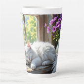 Tasse Latte Napping White Cat and Purple Flowers Personalized (Devant)