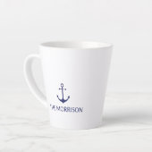 Tasse Latte Nautical Custom Boat Name Marine bleu ancre blanch (Angle gauche)