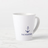 Tasse Latte Nautical Custom Boat Name Marine bleu ancre blanch (Angle droit)