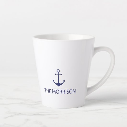 Tasse Latte Nautical Custom Boat Name Marine bleu ancre blanch (Droite)