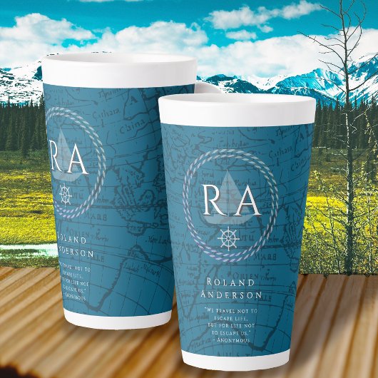 Tasse Latte Nautical Rope Monogram Map Blue