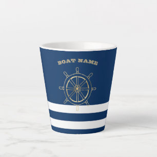 Tasse Latte Nautique, Roue de bateau dorée, Rayures bleu marin