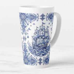 Tasse Latte Navire marchand de style Delft bleu blanc