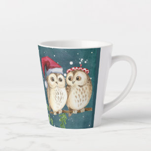 Tasse Latte Noël chouette mignonne faune chapeau du Père Noël