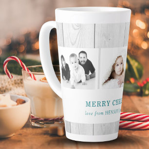 Tasse Latte Noël Collage Photo Bois Rustique 3 Familles