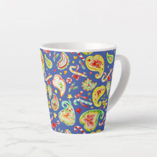 Tasse Latte Noël Paisley aquarelle ruban bonbon bleu