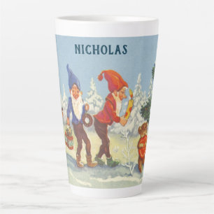 Tasse Latte Noël vintage, elfes dans la forêt de neige hiver
