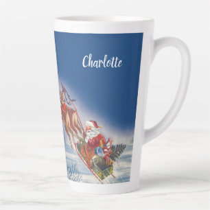 Tasse Latte Noël Vintage, Père Noël Flying Sleigh w Reindeer