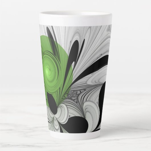 Tasse Latte Noir Abstrait et blanc avec art fractal vert (Devant)