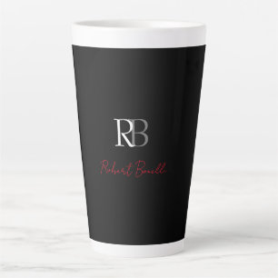 Tasse Latte Noir moderne Noir Monogramme Initiales Nom