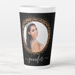 Tasse Latte Noir rose or nom de photo script glamour