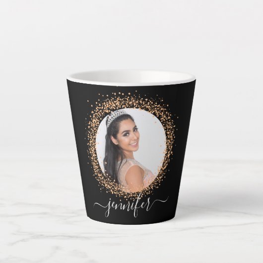Tasse Latte Noir rose or nom de photo script glamour (Devant)