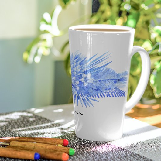 Tasse Latte Nom, Cobalt Blue Tropical Flowers & Feuilles