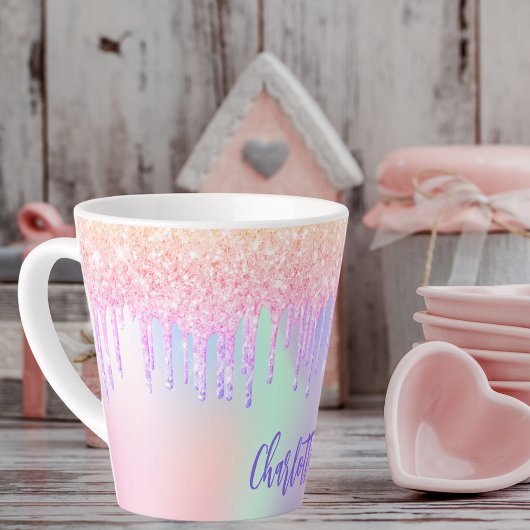 Tasse Latte Nom des gouttes de parties scintillant rose hologr