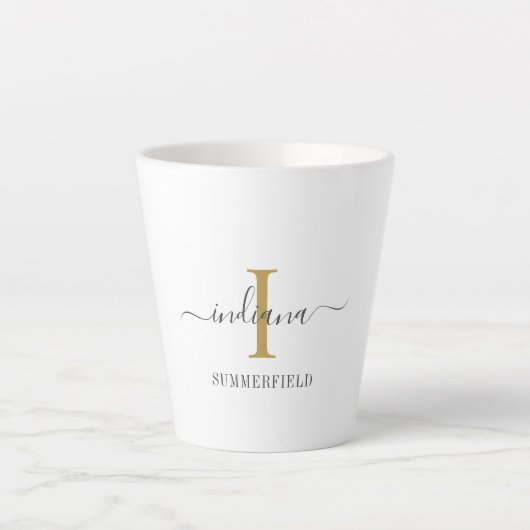 Tasse Latte Nom en écriture cursive Monogramme Élégant Gris Or (Devant)