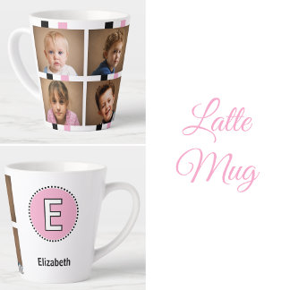 Tasse Latte nom initial de 4 photos en noir et rose