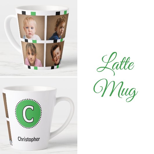 Tasse Latte nom initial noir vert de 4 photos