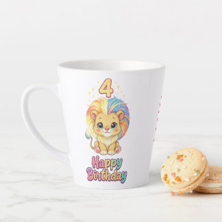 Tasse Latte Nom personnalisé 4e anniversaire Lion mignon