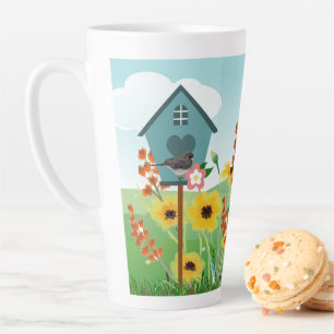 Tasse Latte Nom personnalisé / Birdhouse et Flower Garden L