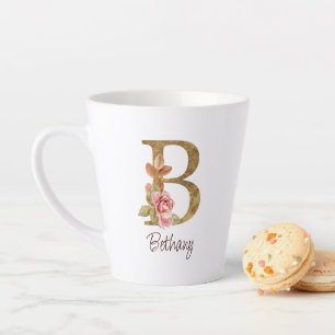 Tasse Latte Nom personnalisé Or Foil Blush Roses roses lettre 