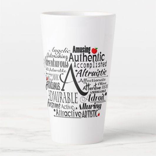 Tasse Latte Nuage de mots adjectif commençant par la lettre A  (Devant)