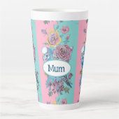 Tasse Latte Oiseau Budgie bleu Rose florale Rose Aqua Fête des (Devant)