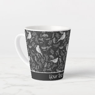 Tasse Latte Oiseaux blancs noirs et blancs d'hiver Bleus flora