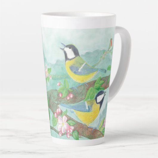 Tasse Latte Oiseaux chantant sur une branche d'arbre en fleurs (Angle droit)