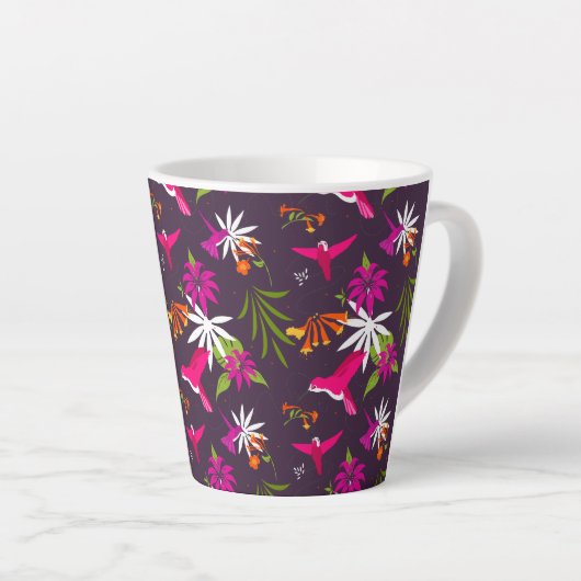 Tasse Latte Oiseaux tropicaux mignons violets roses (Angle droit)