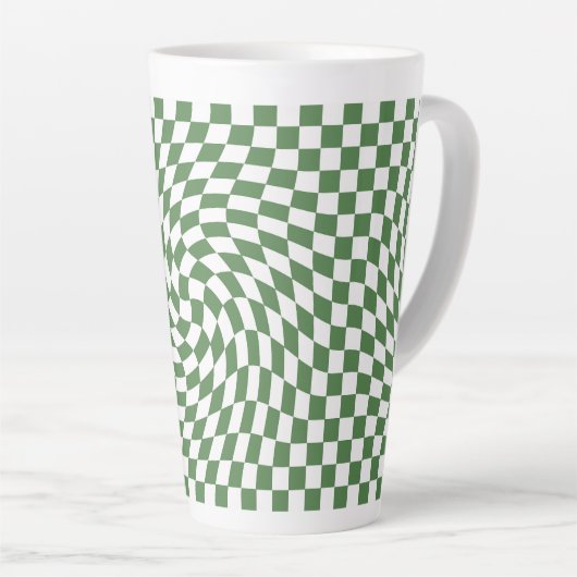 Tasse Latte Olive Green & White À damiers Motif déformé (Angle droit)