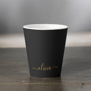 Tasse Latte Or Moderne Nom Monogramme Féminin en Noir et Or