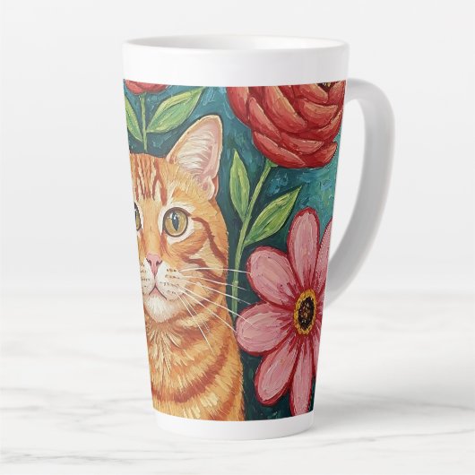 Tasse Latte Orange Cat Folk Art Flowers (Angle droit)