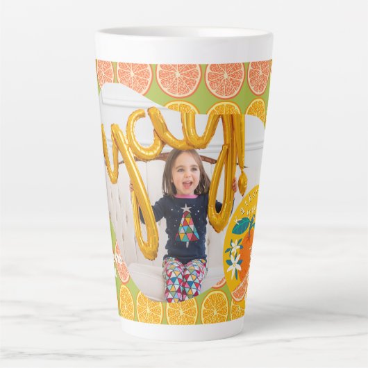 Tasse Latte Orange Fruit Birthday Green Photo (Devant)