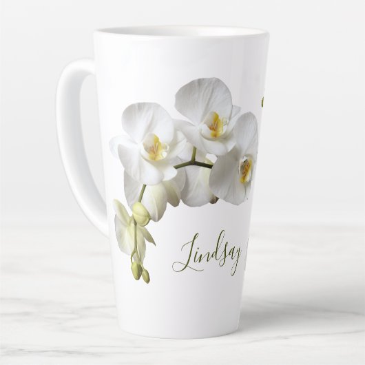 Tasse Latte Orchidées blanches Nom Modèle Élégant Cadeau Latte (Angle gauche)