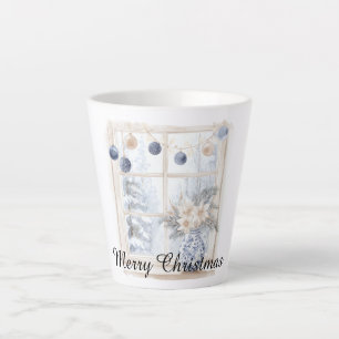Tasse Latte Ornements Fleurs Bleu Crème Noël Arbre Fenêtre