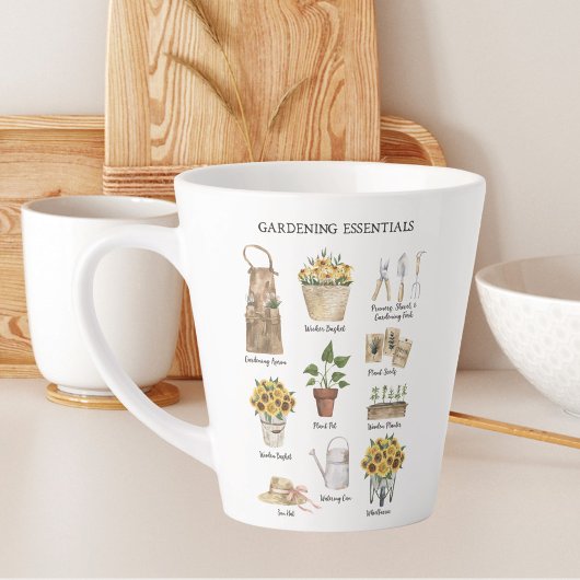 Tasse Latte Outils de jardinage à l'aquarelle Tournesol Jardin