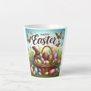 Tasse Latte Panier de Pâques coloré, Joyeux avec oeufs
