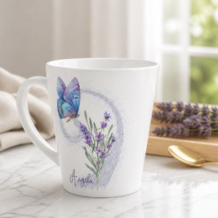 Tasse Latte Papillon Bleu et Lavande Personnalisés