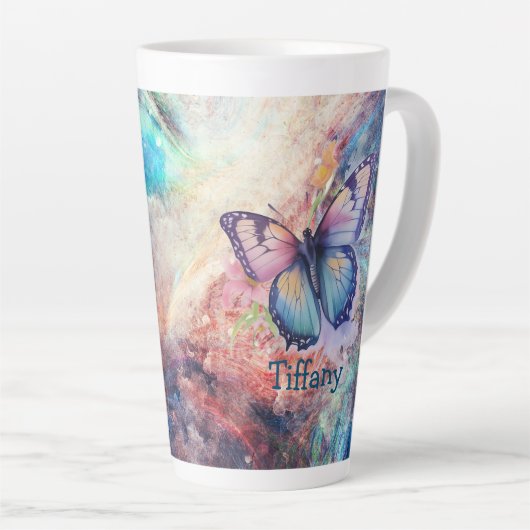 Tasse Latte Papillon bleu, violet et rose (Angle droit)