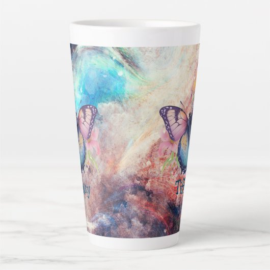 Tasse Latte Papillon bleu, violet et rose (Devant)