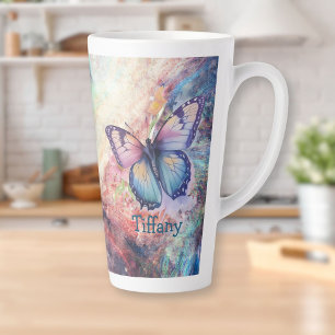 Tasse Latte Papillon bleu, violet et rose