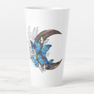 Tasse Latte Papillons bleus sur croissant en bois