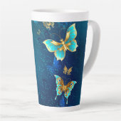 Tasse Latte Papillons d'or sur un Arrière - plan bleu (Angle droit)