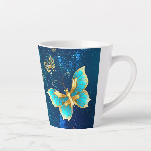 Tasse Latte Papillons d'or sur un Arrière - plan bleu (Droite)