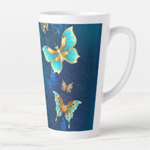 Tasse Latte Papillons dorés sur fond bleu
