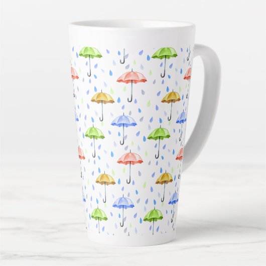 Tasse Latte Parapluies colorées et gouttes de pluie tombent (Angle droit)